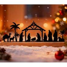 Juegos de Nacimiento para decoración navideña interior, Escena del Nacimiento de metal negro con base de madera y figuras, Decoraciones del Juego de Nacimiento para Navidad, Hogar, Mesa y Estantería