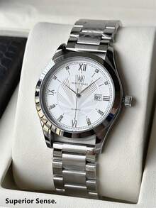 Pablo Raez 1枚男士手表，正品魅力腕表，高品质流行品牌，全新奢华IPS银色表带，不褪色，不锈钢夏季配饰，50米防水，简约日历显示，男士钢制休闲时尚石英表，钢制指针，罗马数字和条形刻度，黑色优雅商务腕表，适合日常佩戴，送给父亲或男性朋友的礼物，毕业或结婚礼物 - 銀色 - 查看 3