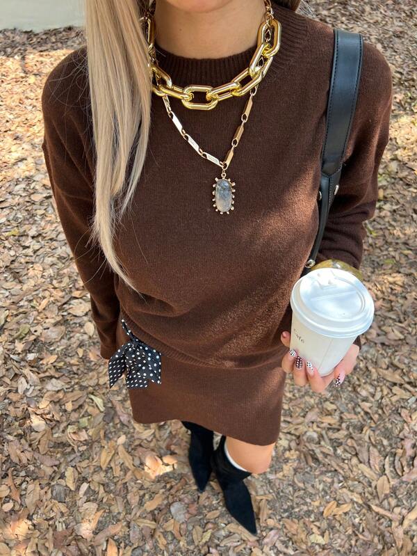 MORI Autumn And Winter Brown Solid Color Simple Loose Knit Two Pieces Set For Women, New Winter Fashion, Stylish, Elegant, Gentle, And Cozy Outfit, Round Neck Long Sleeve Loose Soft Top With Skirt, New Year Set, Daily Versatile Casual Christmas Sweater Two Pieces Set