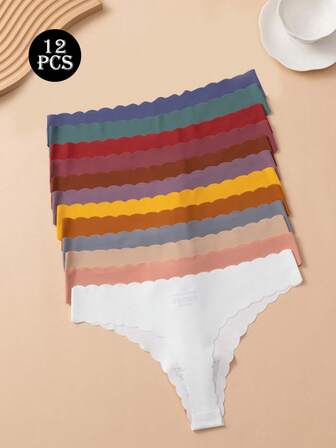 12pcs Women's Solid Color Thong Panties, Wavy Sexy & Comfortable Seamless Breathable Ladies Underwear