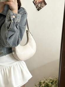New Fashionable Simple And Stylish Atmosphere Crescent-Shaped Bright Surface Casual Classic Everyday Commuter Bag, Detachable Shoulder Crossbody Bag - 白色 - 查看 3