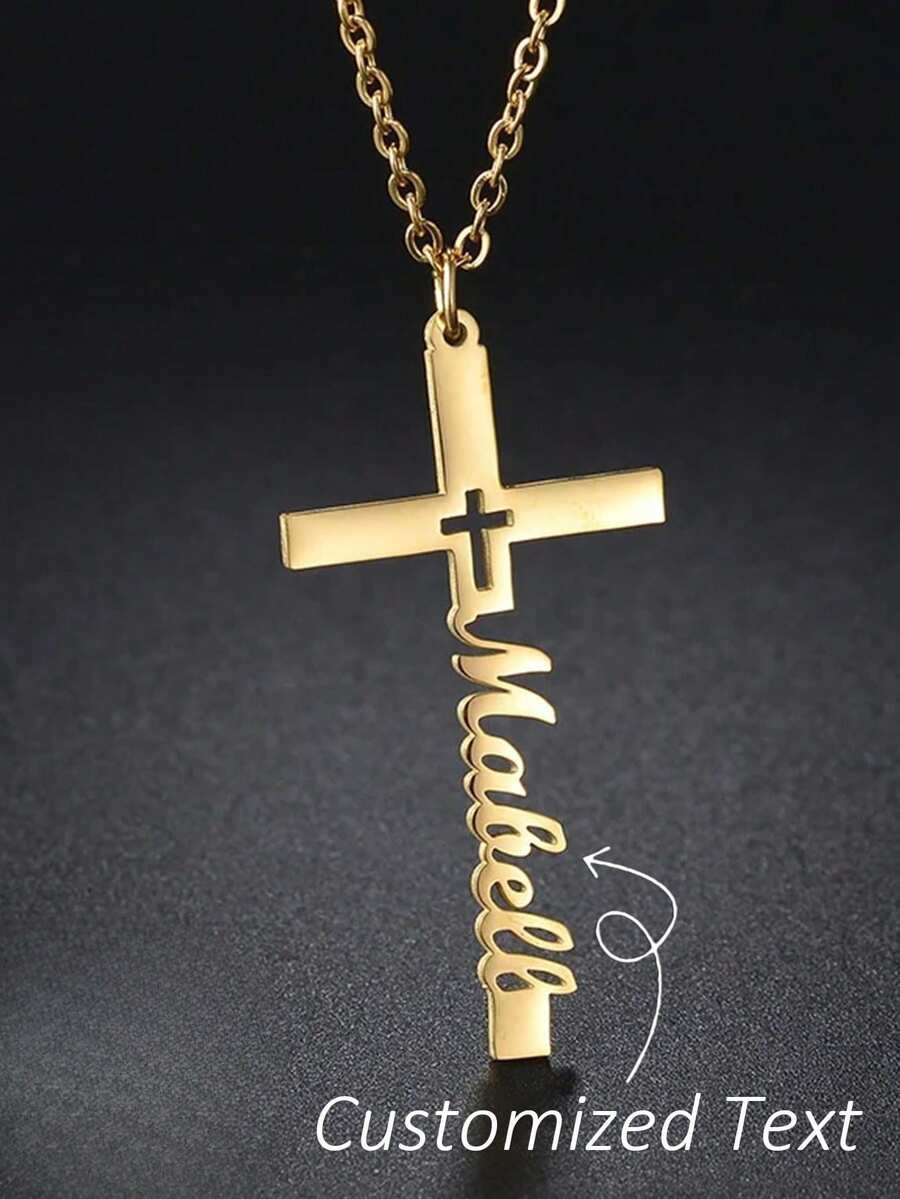 Customized Name Necklace, Stainless Steel Cross Pendant, Personalized Accessory, Unique Creative Design, Meaningful Jewelry, Highlight Of Daily Outfit - Multicolor - View 1