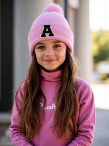 1 Stück Kinder gestrickte Mütze mit A-Z Buchstaben Muster, Mädchen Jungen warme gestrickte Beanie, geeignet für den Außenbereich, Alltagsgebrauch im Herbst und Winter