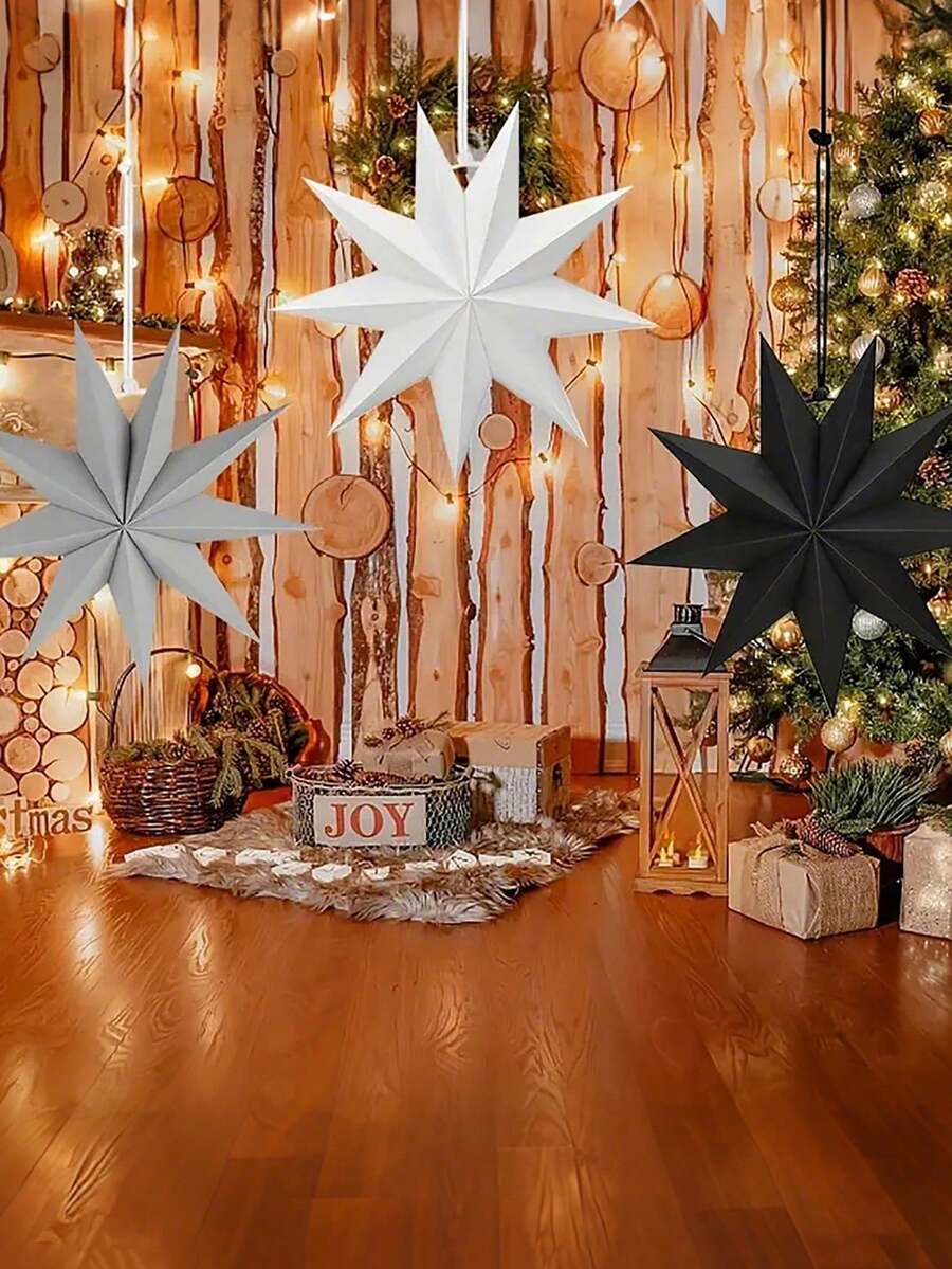 3 pièces/set Décorations d'étoiles en papier suspendues à 9 pointes pour Noël, fête de Noël, lanternes en papier 3D étoiles de 12 pouces pour décoration de Noël intérieure, maison, plafond, vitrine de magasin, décorations de fête et de vacances - Multicolore - Voir 1