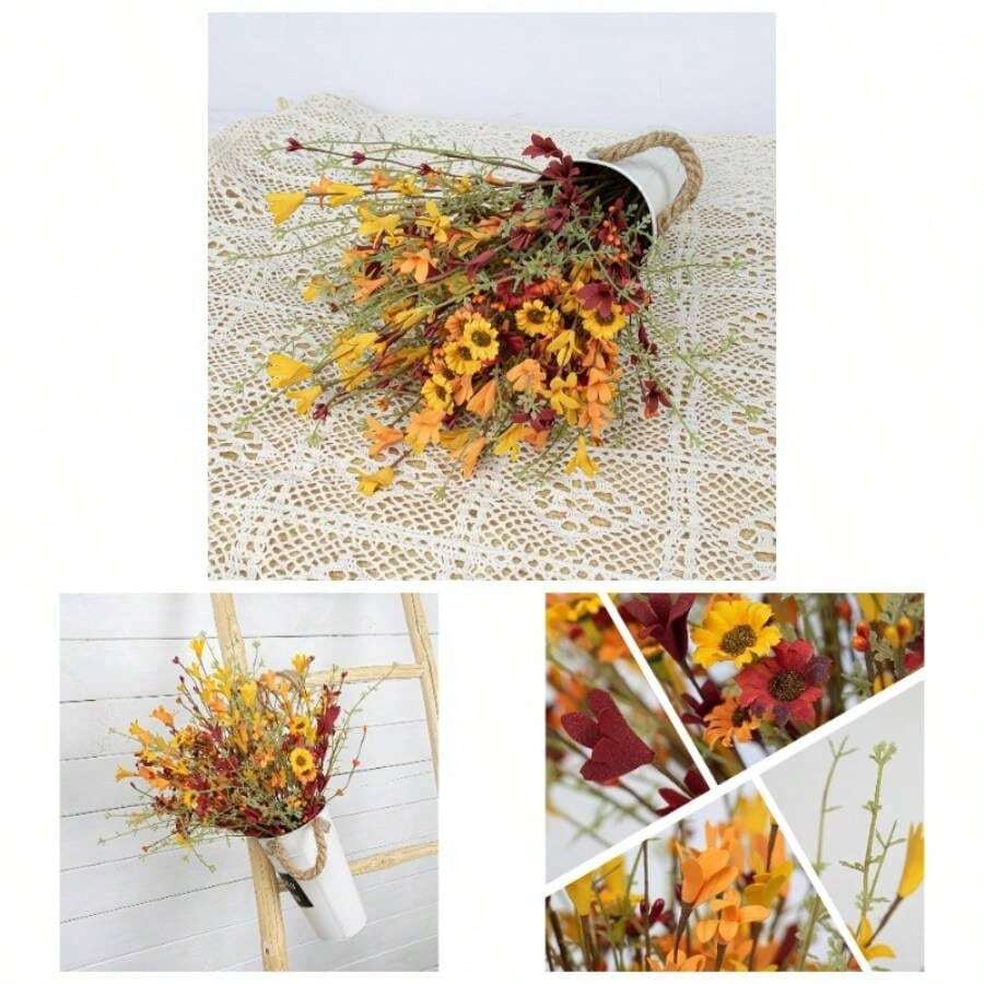 Artificial Fall Flowers 12 Pack Floral Picks 17 Tall Forsythia Stems With Berries Autumn Flower Arrangements Centerpieces Indoor Outdoor Decorations - trái cam - Xem 1