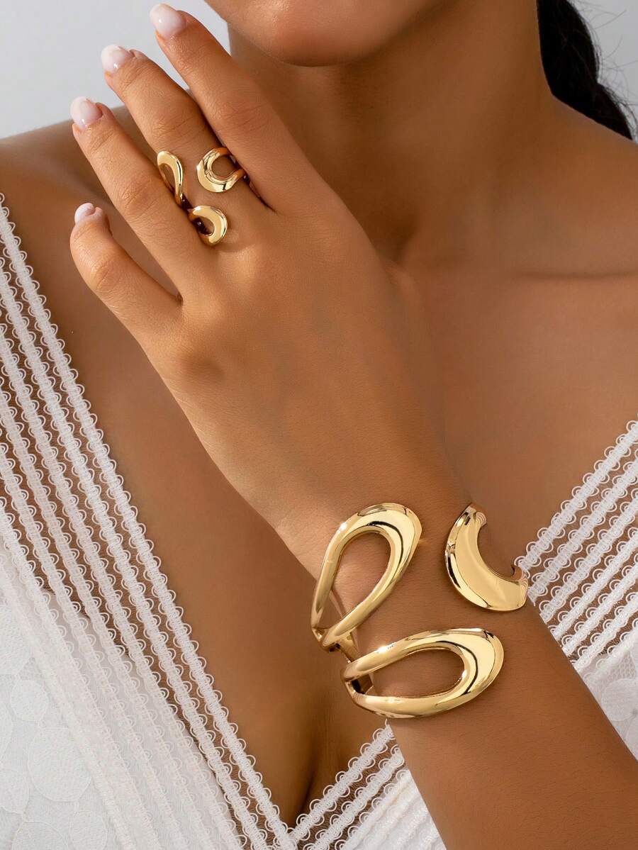 1 Set Geometric Hollow Women Rings & Bracelet Set - Yellow Gold - View 1
