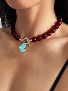 1pc Minimalist Vintage Red Agate Natural Stone Bead And Gold Bead Necklace,Faux Pearl OT Clasp Elegant Choker Necklace,Suitable For Daily And Party Accessory, Fashionable Jewelry, Best Friend Gift