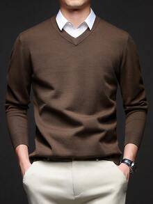Men's V-Neck Solid Color Thick Knit Sweater, Straight Fit, Autumn/Winter - Coffee Brown - View 3