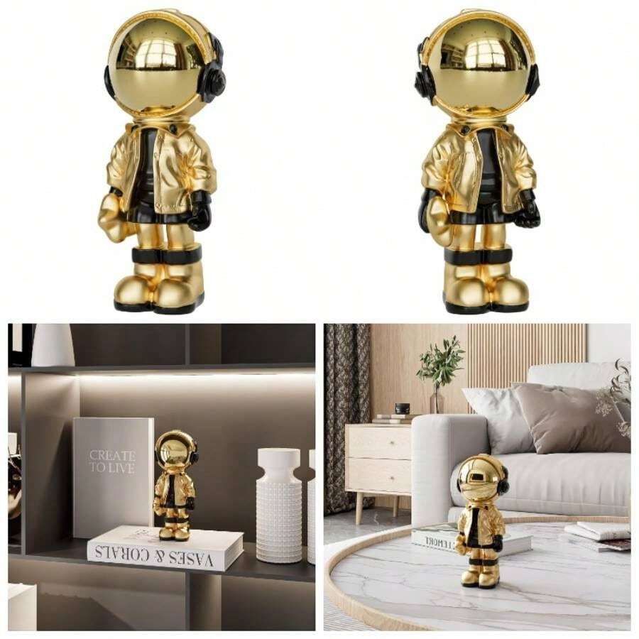 - Estatua de escultura de astronauta pequea para decoracin de astronauta, esculturas para el hogar, decoracin de resina para estantes dorados y negros, decoracin de mesa, minicmara - inicial - Ver 1