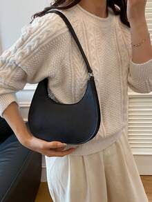 Geantă de umăr simplă la modă 2025 pentru femei, geantă casual sub braț, geantă de mână de culoare solidă cu textură neagră litchi, potrivită pentru cadou de Ziua Îndrăgostiților, uz zilnic, cumpărături, întâlniri, potrivită pentru femei tinere, studenți, începători și lucrători cu gulere albe, potrivită pentru birou, școală, muncă, afaceri, naveta