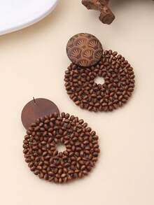 1 Cặp bông tai hình học chạm khắc và đính hạt gỗ tối giản thủ công, phong cách Boho cỡ lớn thích hợp cho kỳ nghỉ, tiệc tùng và đeo hàng ngày - Cà phê nâu - Xem 4