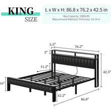 LED Platform Bed Frame With 2-Tier Storage Space And Charging Station, Faux Leather Bed With Noise-Free Design, No Box Spring Needed, Black - 查看 4