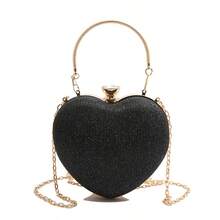 Shiny Heart Shaped Rhinestone Purse Women's Fashion Metal Chain Crossbody Bag Small Phone Wallet For Evening Parties And Gift Giving - màu đen - Xem 7