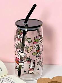 500ml/16.91oz Knowledge Ocean Glass Straw Cup, Large Capacity Straw Tumbler For Coffee, Matcha And Other Beverages