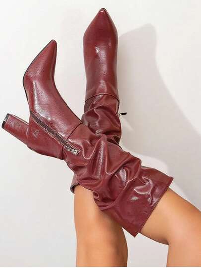 Botas altas de tacón grueso con punta afilada para mujer, botas de estilo casual elegante retro de lujo con cremallera lateral, estilo occidental de piel sintética para otoño/invierno, botas altas plisadas color caqui, botas altas holgadas casuales, botas para fiesta, escuela, resort, al aire libre y Navidad, botas altas impermeables para nieve de otoño/invierno, botas de motocicleta plisadas, botas altas color vino tinto, botas por encima de la rodilla color vino tinto, botas de tacón alto para fiesta, botas occidentales