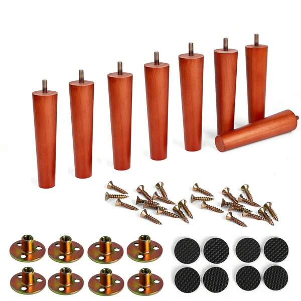 8 piezas Patas de muebles de madera maciza redondas de color marrón, incluye patas de muebles de metal, piezas de repuesto para patas de muebles de madera, patas de muebles de estilo medieval, adecuadas para mesitas de noche, gabinetes de TV, pieceros, sillas, sofás, gabinetes, postes de cama, cómodas, muebles de madera