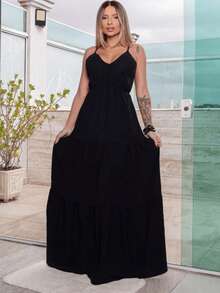 Women's Long Casual Loose Dress With Straps - Black - View 4