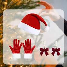 4-częściowy zestaw akcesoriów świątecznych – mieszanka poliestru i spandexu – w tym czapka Świętego Mikołaja, skarpetki w paski, czerwone rękawiczki, kolczyki z kokardkami – wysoce elastyczna, wysokiej jakości pluszowa odzież damska bez pierza