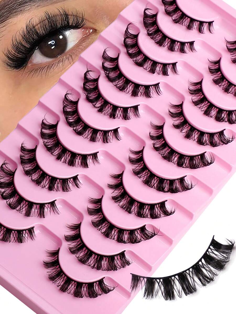 10 Pairs Russian False Eyelashes, D Curl And Fluffy Lashes, Suitable For Daily And Party, Charming Eye Makeup, Travel Essential - Black - View 1