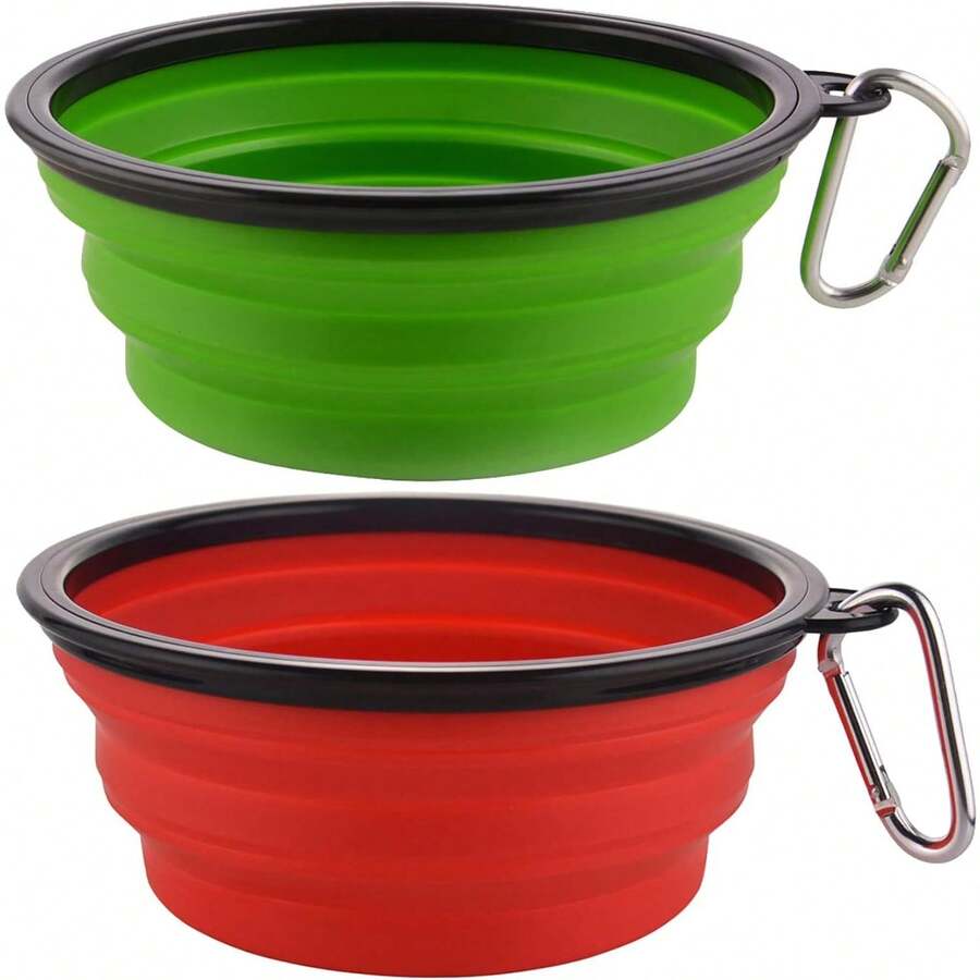 Large Collapsible 34oz Travel Dog Water And Food Bowls, Portable Foldable Dishes With Carabiner Clip, 2 Pack (Purple+Red) - 34盎司-綠色&紅色 - 查看 1