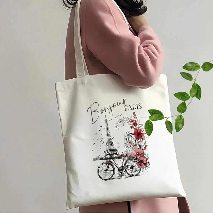 "Bonjour Paris" Eiffel Tower Canvas Tote Bag - Large Capacity, Durable Polyester Shoulder Bag With Stylish Parisian Theme, Perfect For Shopping & Everyday Use, Ideal Gift, Reusable Grocery Bag (15.7"*13.7"), Reusable Shopping Bags - 白色 - 查看 1