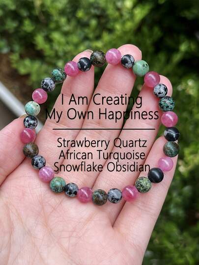 6mm Natural Stone Aura Bracelet With Grounding Alabaster Strawberry Quartz, African Turquoise Bohemian Spiritual Jewelry For Women, Emotional Balance & Inner Strength
