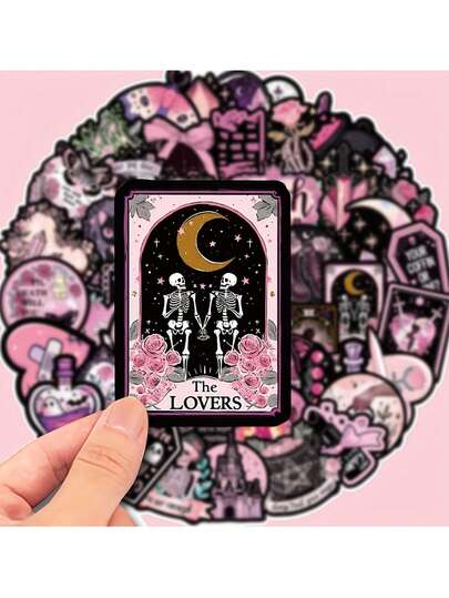 Gothic Halloween Magic Stickers 50-Pack, PVC Waterproof Witchy Decals, Rose And Potion Bottle Motifs, Pink Aesthetic For Laptop, Skateboard, Luggage, Notebook, Phone, Helmet Decoration