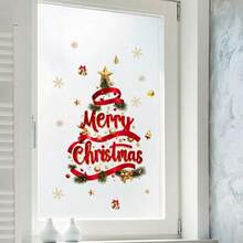 1 pieza Decoración de ventana navideña - Pegatina de ventana autoadhesiva con texto "Feliz Navidad", árbol verde, acentos rojos y dorados - Película de PVC removible sin residuos para puertas de vidrio, ventanas, espejos - Decoración del hogar para fiestas navideñas