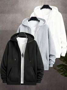 1pc Men's Thick Hoodie Sweatshirt For Autumn/Winter, Casual Sports Outdoor Pullover Hooded Sweatshirt, Loose Fit, Suitable For Home & Outdoor Activities, Can Be Couples Gift, 100% Polyester Material, With Drawstring Hood, Multiple Colors Available, Long Sleeve Top - Black - View 2