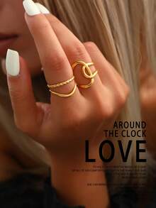 2 件简约不锈钢开口戒指套装，时尚小众设计，用途广泛 - 金29 - 查看 2