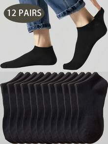 1/3/5/10/12 perechi șosete bărbătești confortabile și respirabile, șosete albe, șosete gri, șosete negre, șosete bărbătești până la gleznă, șosete sport până la jumătatea gambei, șosete bărbătești, șosete moi până la gleznă bărbătești, șosete obișnuite până la gleznă bărbătești, șosete de purtare zilnică - Negru - Vizualizare 12