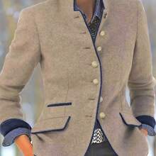 Women'S Casual Chic Beige Jacket With Stand Collar & Button Front - Long Sleeve, Button-Up Front, Flap Pockets, All-Season Versatile Outerwear For Casual Attire, Versatile Fashion | Classic Collar Design | Structured Fit Jacket, Elegant Blazer For Women, Elegant Office Blazer For Women, Elegant And Casual Blazer For Women - 卡其色 - 查看 2