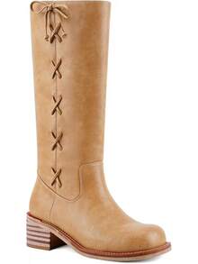 Women's Knee High Chunky Block Heel Square Toe Low Heel Boots, Style - Lace Brown - View 11