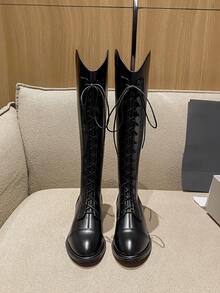 2025年高品质热销秋季新款粗跟高筒靴，百搭时尚及膝靴，低跟尖头优雅简约过膝靴，女士 - 黑色 - 查看 3