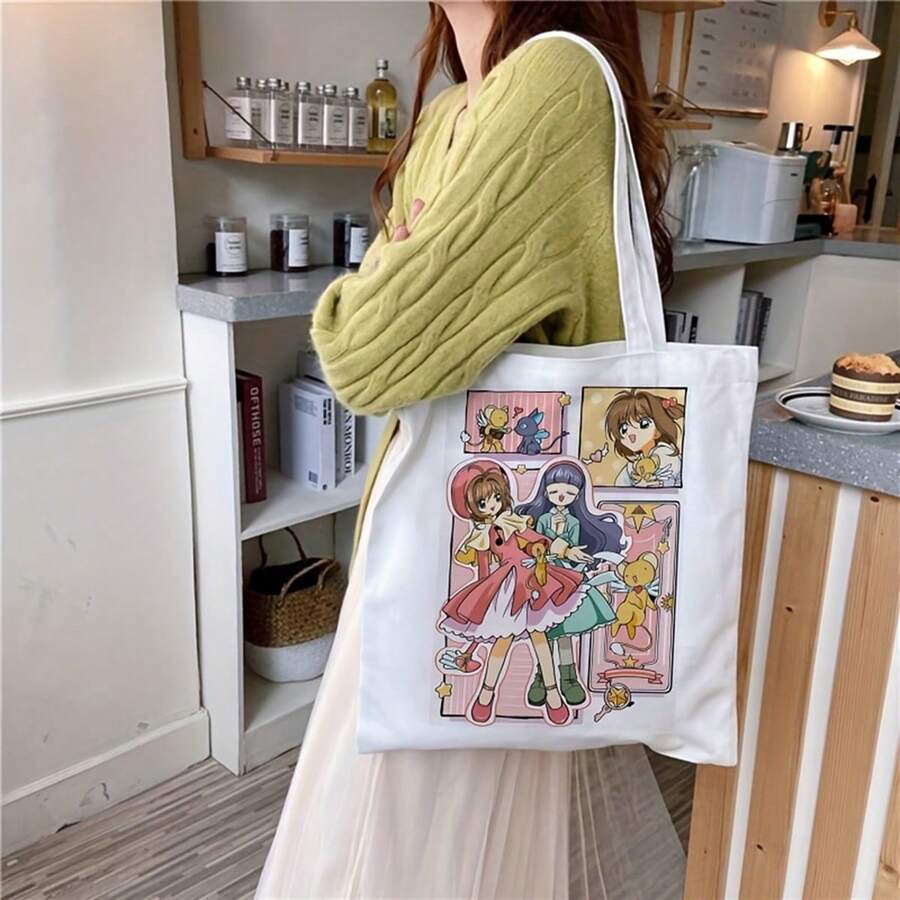 1pc Cartoon Print Tote Bag For Women & S - White Minimalist Shoulder Bag With Fixed Straps, Durable Fabric & Vibrant Graphics, Casual Shopping, Beach, Picnic Bag, Cute Bag, Anime Character Design - 白色 - 查看 1