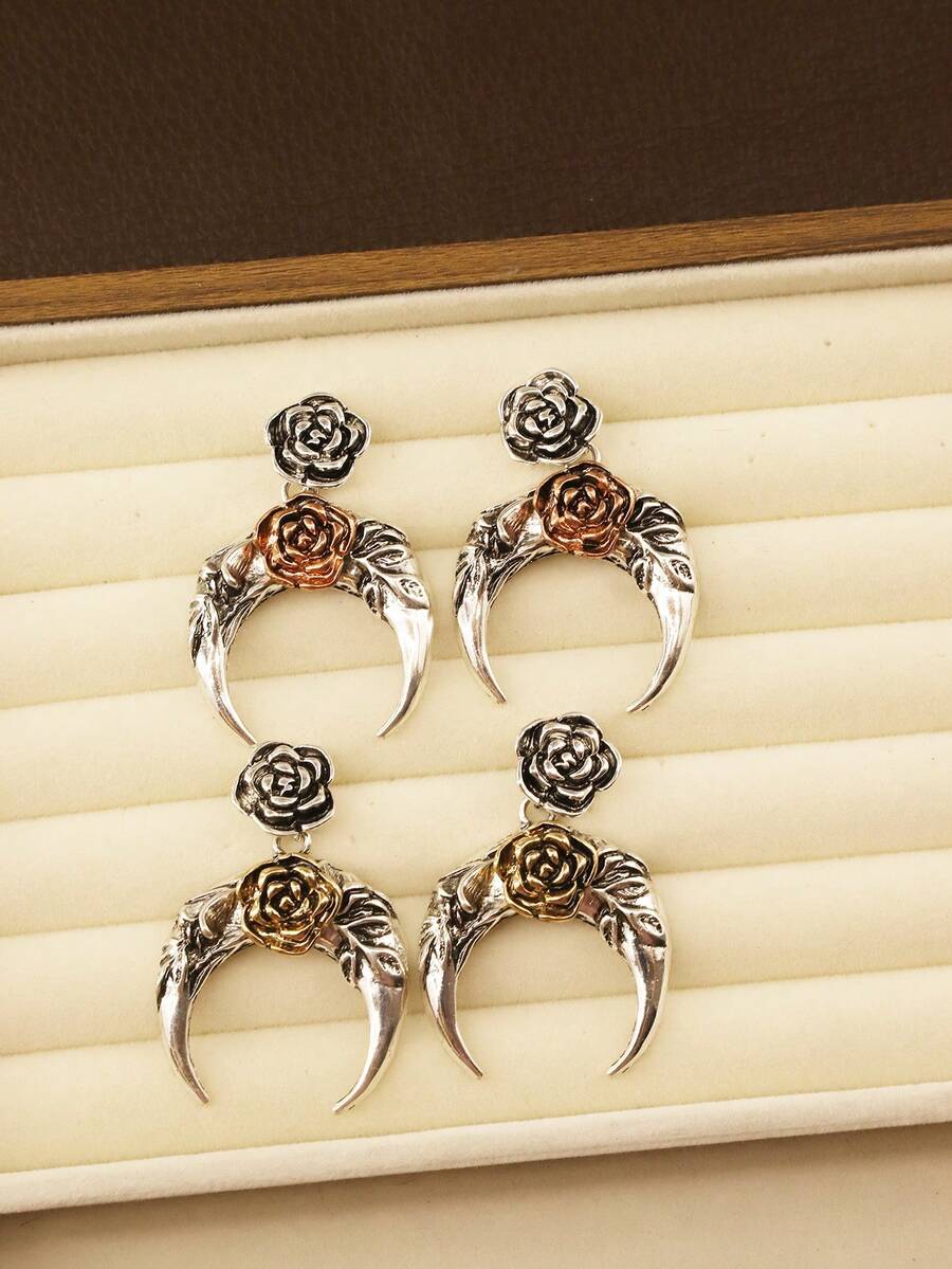 1pc Western Cowboy Style Dual-Tone Geometric Pendant Earrings For Women