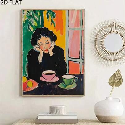 1 幅现代卡通艺术风格女性肖像油画，用于房间装饰的墙壁艺术装饰，喝咖啡的女士印刷海报图片，房间装饰，走廊，书房，卧室墙壁装饰，秋季装饰（无框架）