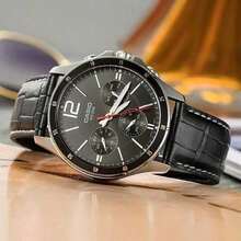 Casio Serie STANDARD Reloj de cuarzo impermeable para negocios con correa de cuero, reloj para hombre de estilo japonés y coreano, esfera negra MTP-1374L-1A