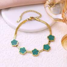 Gold Plated Black Enamel Four-Leaf Clover Bracelet, Herringbone Chain Lucky Charm Bracelet, Stainless Steel Jewelry For Women Gift