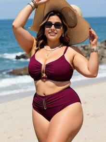Swim Lushoire Plus Size Women's Solid Color Ruched Cutout Sexy Bikini Set, 2025 New Year Party Summer - Burgundy - View 1