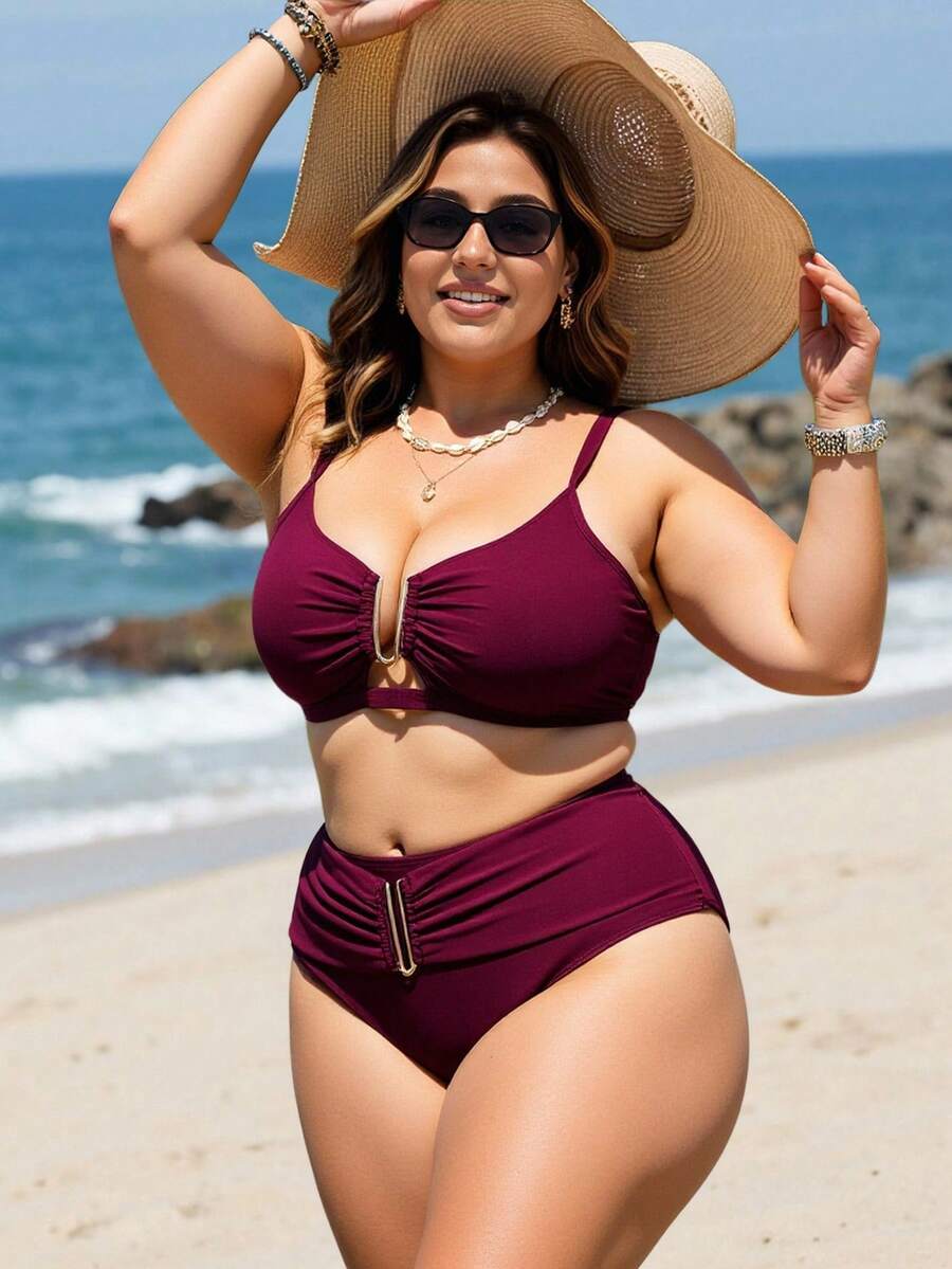 Swim Lushoire Plus Size Women's Solid Color Ruched Cutout Sexy Bikini Set, 2025 New Year Party Summer - Burgundy - View 1