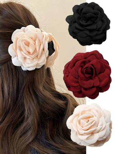 1 pieza Clip para el cabello con rosa de tela estilo europeo y americano de varias capas, clip de garra, clip de pelo bohemio, broche para el cabello, clip para el cabello, útiles escolares, peinados de otoño e invierno para mujeres universitarias, adecuado para atuendos de vacaciones. Clips para el cabello con flores Accesorios para el cabello de invierno Moda Pinza para el cabello de verano