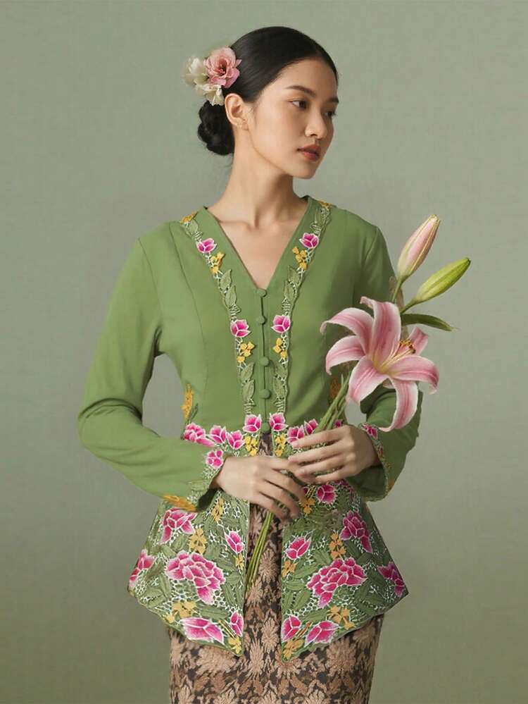 Nyonya Kebaya, Women's Kebaya, Elegant & Stylish Embroidered Long Sleeve Blouse, Jacket, Green Top - Green - View 1