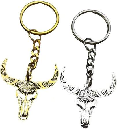 EstiloLlavero TemáTico Vaquero Con Calavera De Toro, Pack De 2 Unidades (Dorado Y Plateado), DiseñO Western Retro Para Aficionados De Estilo CowboyVersióN Mejorada