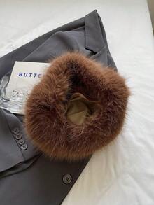 1pc Fashionable Plush Shoulder Bag, Flat Brim Handbag, Cute Women's Winter Handbag/Wallet - Coffee - View 3