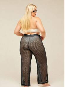 Plus Size Beach Cover-Up Women's Fishnet Knit Summer Holiday Beach Pants - 黑色 - 查看 3