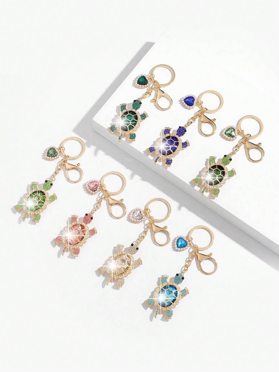 1 pieza Llavero con colgante con forma de tortuga lleno de brillantes, de estilo europeo y americano, lujoso y adorable. Adecuado para decoración y regalo de uso diario para mujeres - Multicolor - Ver 1