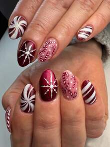 24 Pieces Of European And American Back To School Christmas Short Oval Nail, Christmas Contrasting Snowflake Texture Embellished With Rotating Stripes, Cane Wearing Nail Design, Decorative Nail Patch, Fully Covered Fake Nails, Back To School Art Patch, Versatile Nail Art Supplies, Daily Wearing Nail Set, Suitable For Office Women, Gatherings, Dates, And Daily Wear To Decorate Your Nails And Enhance Your Fashion Taste