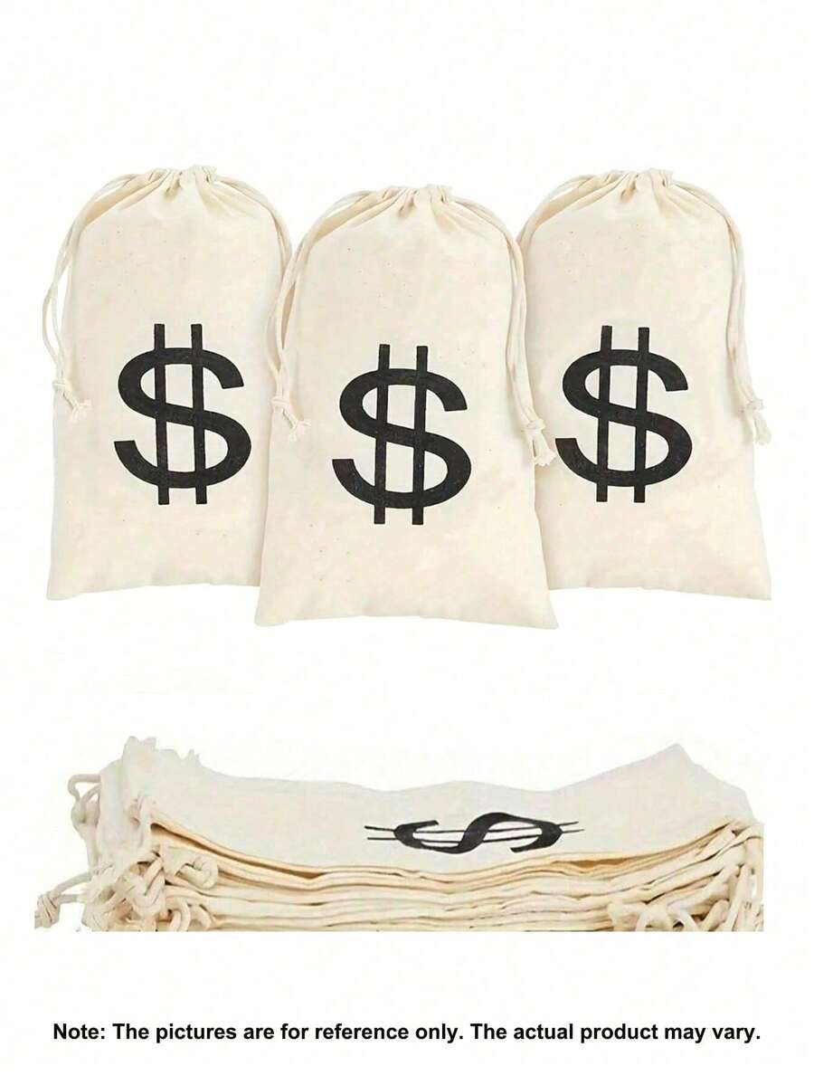 2pcs Halloween/Valentine's Party Gift Euro Design Drawstring Canvas Storage Bags, Costume Money Pouch Props Suitable For Thieves, Cowboy Role Playing Theme Party Organizers - White - View 1