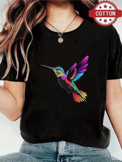 1pc blusas de mujer blusas bonitas para mujeres ropa de mujer blusas elegantes para mujer Camiseta algodón 180g negra y blanca diseo colibrí colorido estampado alta calidad algodón cuello redondo corte básico holgado hombre y mujer transpirable versátil lavable a máquina cómoda tallas S ~ 3XL diaria casual deportiva imprescindible verano